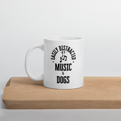 easily distracted by music and dogs - White glossy mug