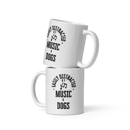 easily distracted by music and dogs - White glossy mug