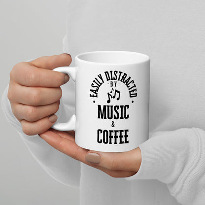 Easily Distracted by music and coffee - White glossy mug