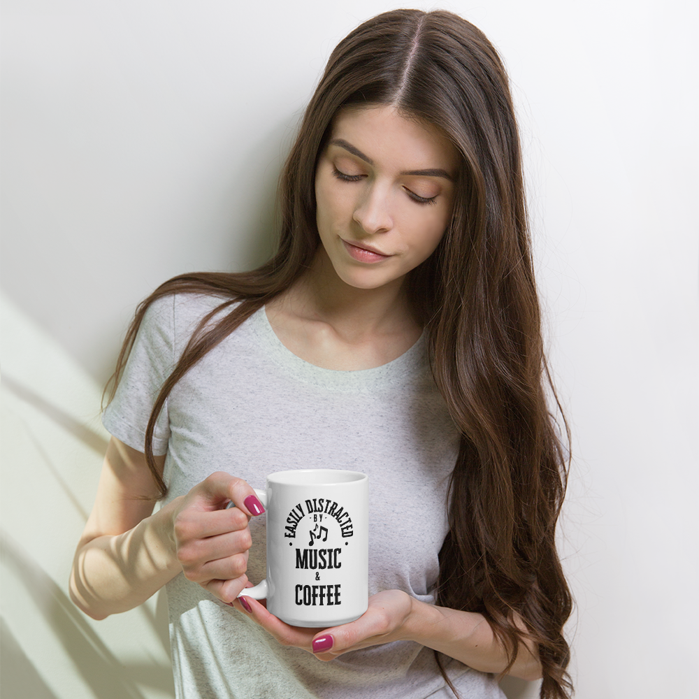 Easily Distracted by music and coffee - White glossy mug