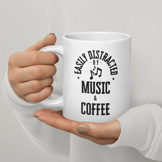 Easily Distracted by music and coffee - White glossy mug