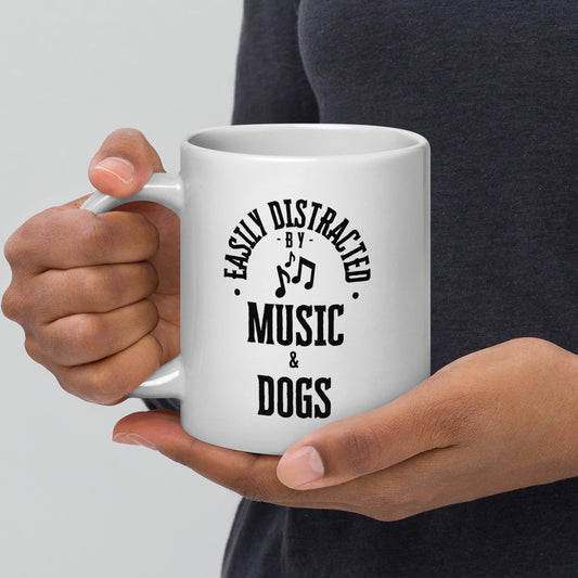 easily distracted by music and dogs - White glossy mug