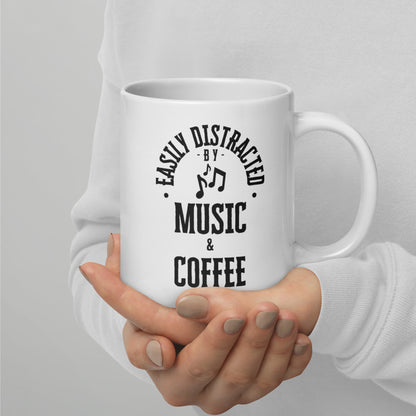 Easily Distracted by music and coffee - White glossy mug